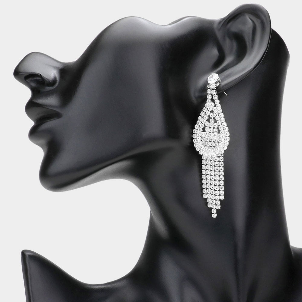 Silver CZ Pave Teardrop Fringe Crystal Dangle Earrings Tassel Evening Accessory